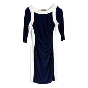 Glamour Navy White Ruched 3/4 Sleeve Colorblock Sheath Dress Size 4 Petite